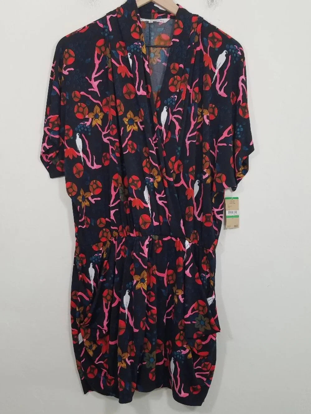 NWT RACHEL Rachel Roy 24 Hour Draped Dress Birds Floral Print with Pocket Size L